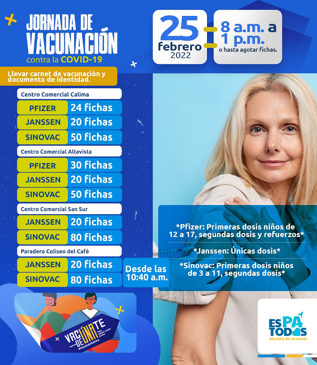Hoy, puntos de vacunación COVID-19 en Calima, Altavista, San Sur y el paradero del Coliseo del Café