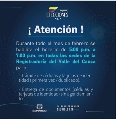 Registraduría Nacional extiende sus horarios de atención durante febrero en Palmira
