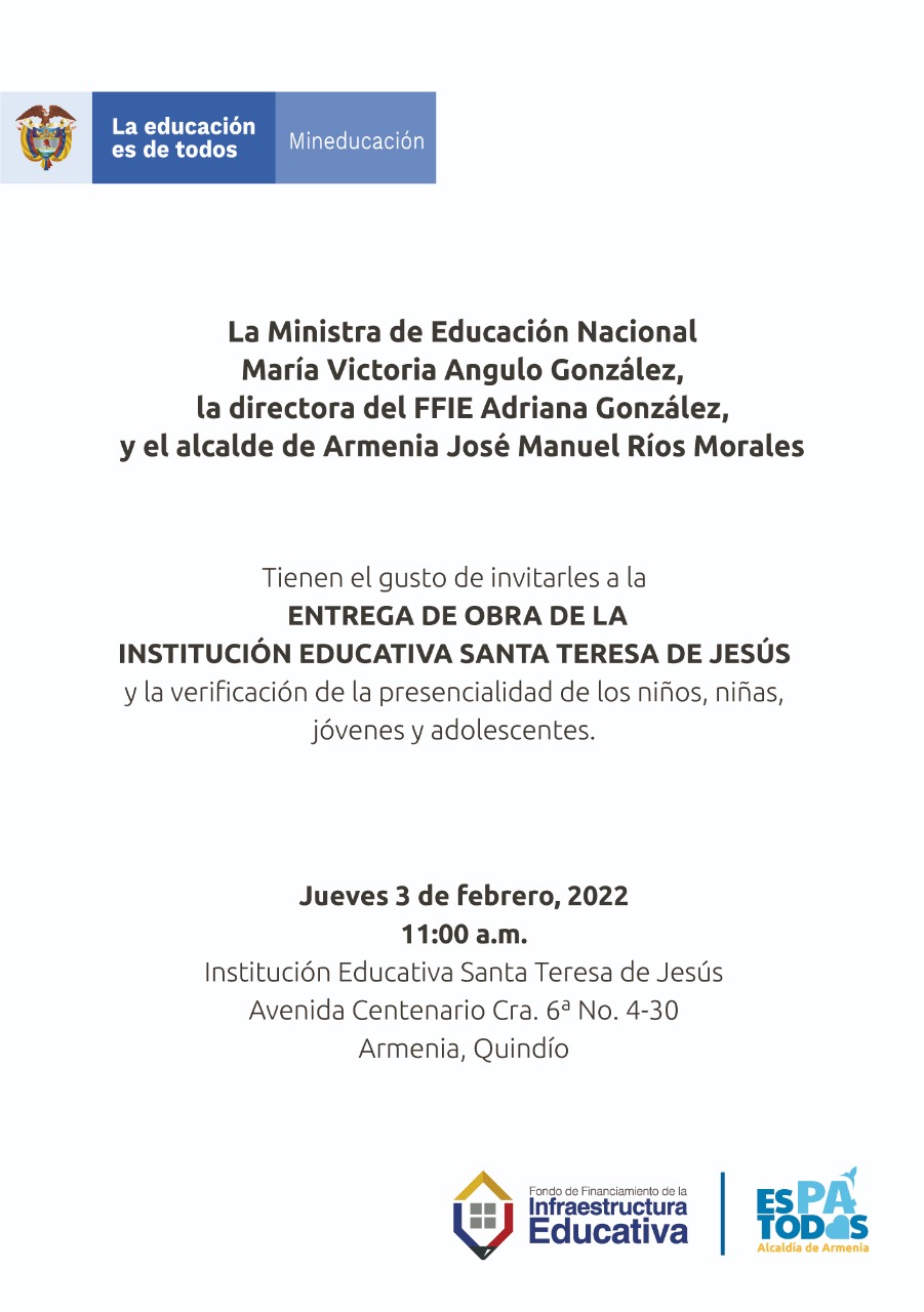 ¡Fue un propósito y lo estamos cumpliendo! Alcalde y Ministra de Educación entregan hoy I.E. Santa Teresa de Jesús
