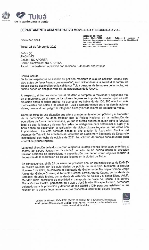 CONTESTACION DERECHO DE PETICION CON RADICADO DE ENTRADA E-4516 INTERPUESTO DE FORMA ANONIMA ANTE LA PLATAFORMA DE LA ALCALDIA DE TULUÁ.
