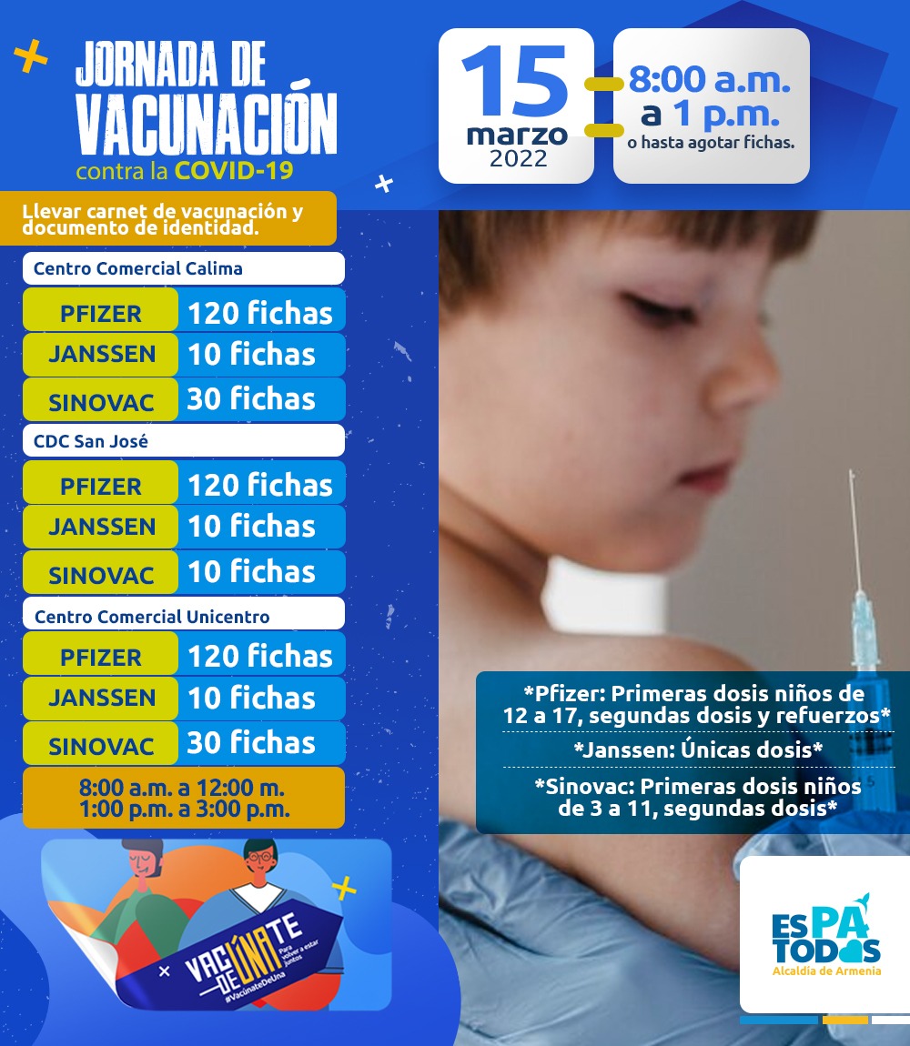 Hoy, vacunación en Calima, Unicentro y CDC del San José