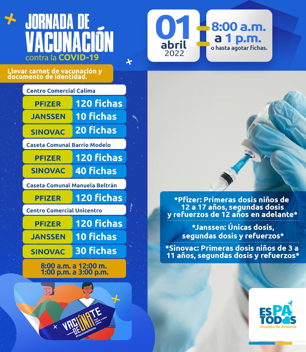 Hoy, jornada de vacunación en Calima, Unicentro, Modelo y Manuela Beltrán