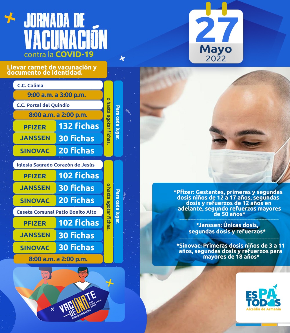 Hoy, vacunación COVID-19 en centros comerciales Calima, Portal del Quindío y dos puntos más