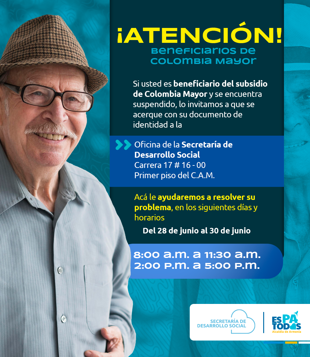 Entre hoy y el jueves, adultos mayores suspendidos de Colombia Mayor podrán resolver su problema en la Alcaldía