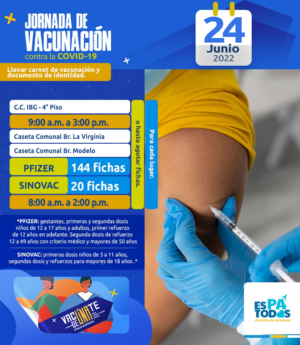 Programe su vacuna contra la COVID-19. Alcaldía dispone de los biológicos en tres sectores de Armenia