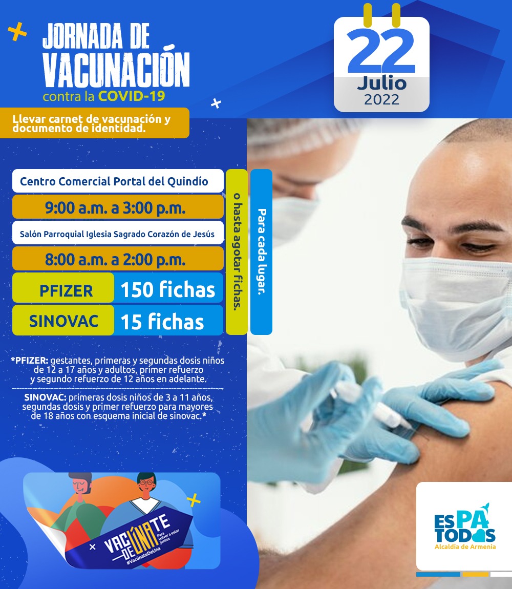 Agende su vacuna. Hoy 22 de julio, Alcaldía dispone de biológico contra la COVID-19 y vacunación PAI