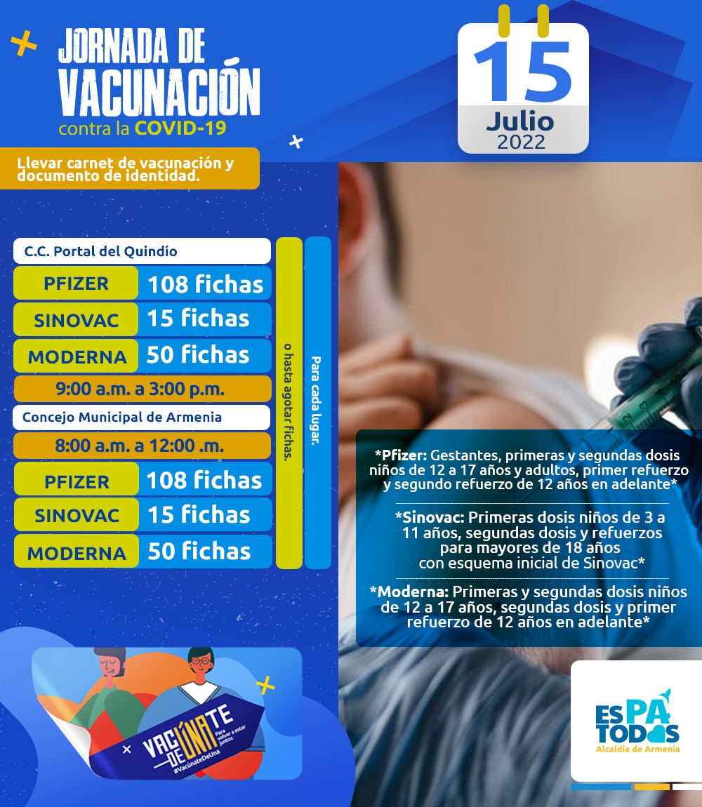 Programación de vacunación COVID-19, hoy en dos sectores de Armenia